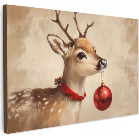 TABLEAU SUR TOILE Noël - Cerf - Bois - Boule de Noël - Renne Toile Peinture Grand Format XXL 150x100 cm