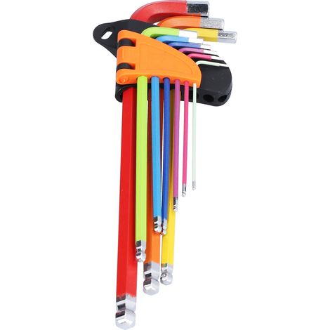 Jeu de 9 clés Allen longues à bout sphérique en acier chrome vanadium, multi-couleurs, tailles 1.5‑10mm