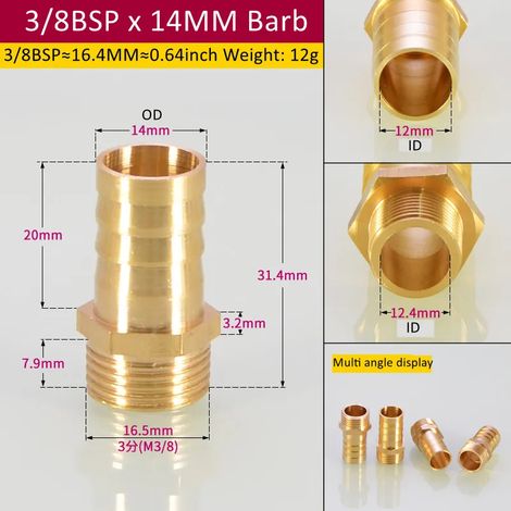 Raccord de tuyauterie en laiton (3l8BSP 14 mm Barb-CN) 6/8/Tuyau, embout cannelé BSP mâle, connecteur, joint, coupleur en cuivre, adaptateur (1/5)