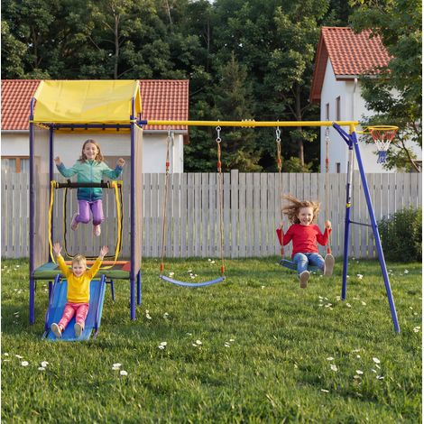 Multifunktionales Outdoor-Schaukel-Set,Kinder Spielturm Outdoor mit Trampolin, Schaukel & Rutsche – Multifunktionales Spielgerät für Garten, mit Sicherheitsnetz, Basketballkorb & stabilem Eisenrahmen (1/5)