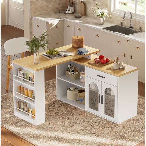 Isla de cocina giratoria 360°, 136 x 50 x 78 cm, blanca, con cajón y estantes DESVIAE (1/5)