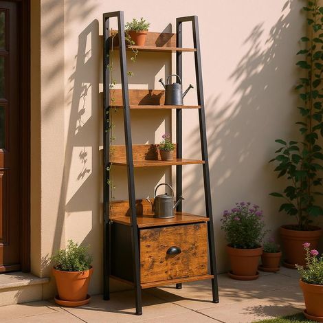 Table d'appoint de jardin 42 x 29 x 141 cm, 5 niveaux, tiroir en tissu, panneaux de bois de 12 mm et cadre en métal de 20 mm, paroi arrière de 7,5 cm, étagère décorative pour l'extérieur et (1/4)