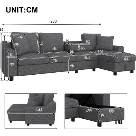 Canapé d’angle en chenille avec méridienne coffre, dossier rabattable avec porte-gobelets, canapé modulable 3 places gris (1/5)