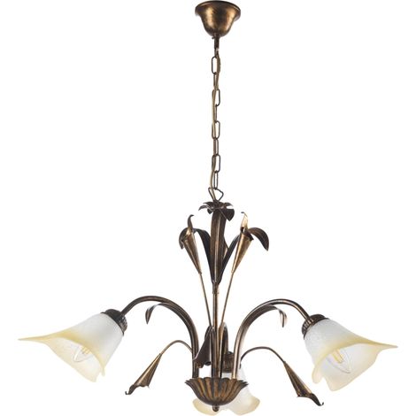 ONLI - Lampadario 3 luci in metallo marrone spennellato oro con vetri bianchi sfumati ambra (1/6)