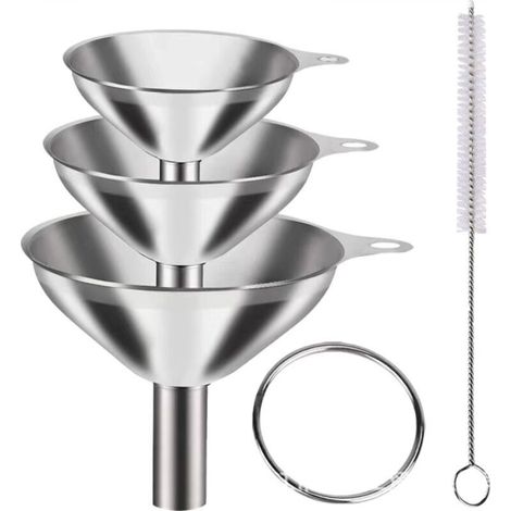 Set of three silver funnels + 1 cleaning brush, hanging oil pourer for the kitchen, large and small wine funnels (1/4)