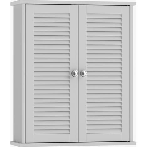 Armoire murale de salle de bain, armoire suspendue avec 2 portes à persiennes et étagère réglable, blanche (1/5)