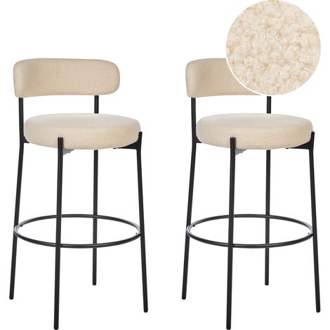 Conjunto de 2 sillas de bar bouclé patas de acero negro con tapas sin reposabrazos comedor beige claro Allison