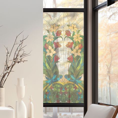 Stickers décoratifs électrostatique, verrière fleurie, fleurs, effet vitrail, 150 cm X 67,5 cm (1/2)