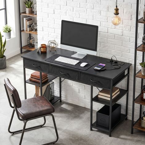Bureau de travail avec rangement, 3 tiroirs en tissu, 4 étagères, prises électriques intégrées, 120 x 40 x 76 cm, noir (1/5)