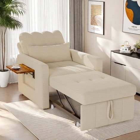 Canapé-lit rembourré beige 70 x 190 cm–Avec tablette et poche latérale–Pliable–Double usage (canapé et lit d'appoint)–Tissu chenille (1/5)
