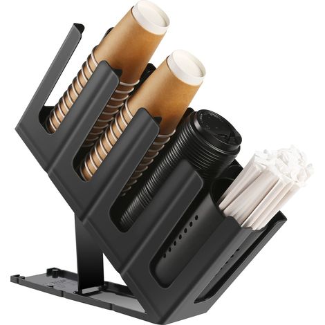 Distributeur de gobelets en papier jetables - Porte-gobelets et couvercles réglable, organisateur rangement à 4 compartiments,noir