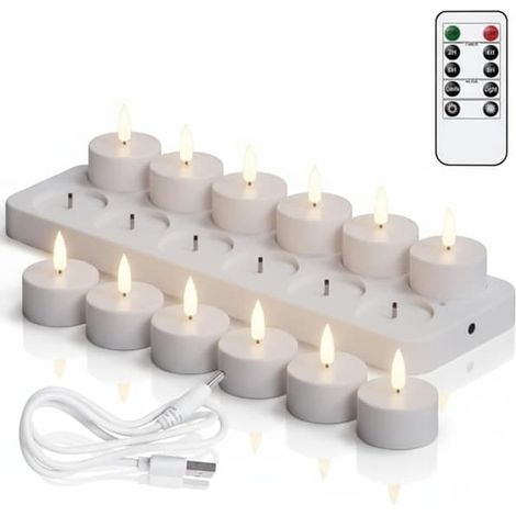 Lot de 12 bougies chauffe-plat LED rechargeables avec télécommande et minuterie (sans flamme) – lumière chaude et vacillante pour Halloween (1/5)