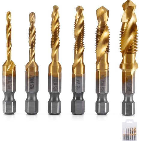 Jeu de tarauds pour métaux, 6 pièces, forets à queue hexagonale, tarauds hélicoïdaux HSS, tarauds pour vis hélicoïdales, jeu de tarauds pour machines à percer les rainures hélicoïdales M3-M10, Court (1/5)