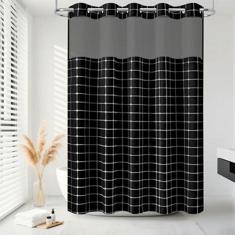 Rideau de douche sans crochets, rideau de douche épais en polyester à carreaux avec fenêtre supérieure en maille, ensemble de rideaux de salle de bain de style bohème imperméable, 190 x 183 (1/5)