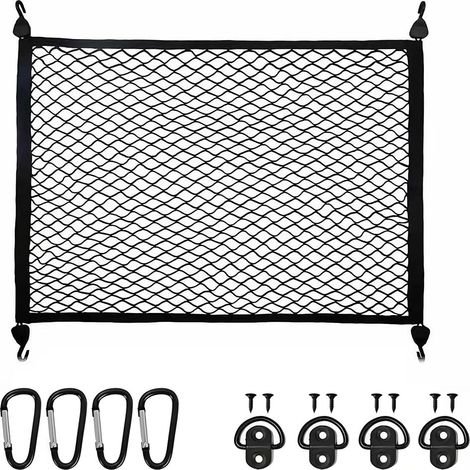 Filet Coffre Voiture 70x50cm élastique, avec 4 crochets/mousquetons/anneaux, rangement auto pour chien et camping-car (1/5)