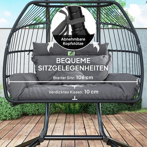 Fauteuil suspendu pliable avec support, nacelle hamac avec coussin en polyrotin, ergonomique, balançoire suspendue pour 2 personnes, chaise extérieure charge max 260kg, siège pour balcon terrasse, gri (1/5)