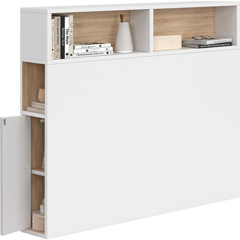 Testiera CLEO 95 cm free-standing con contenitori chiusi e nicchie in bianco e faggio (1/5)