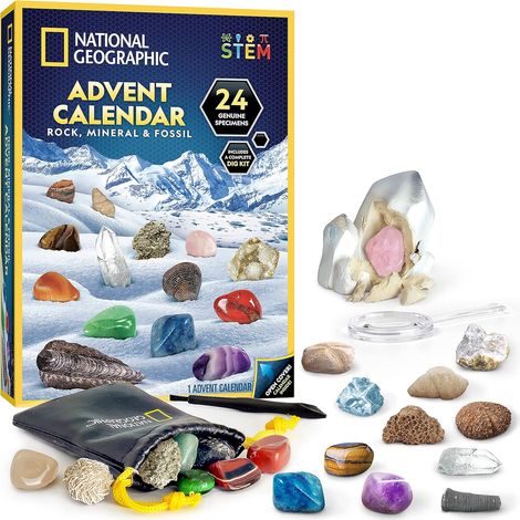 Calendario dell'Avvento National Geographic Rock Collection 2025 con 24 pietre preziose, minerali e fossili, perfetto per i bambini una collezione completa di pietre preziose e fossili.