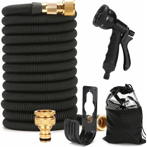 Tuyau d'Arrosage Extensible Haute Pression de 15m/50FT - Avec Pistolet à 8 Fonctions pour Nettoyage et Arrosage - Noir- (1/5)