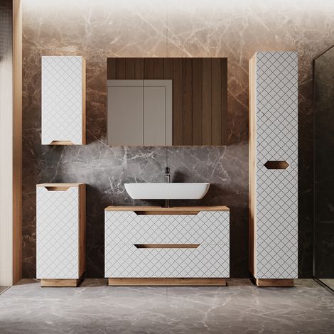Juego de muebles de baño Lotta, Roble/blanco con estructura de azulejos, 5 partes, Vicco (1/5)