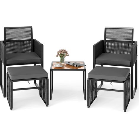 Set da giardino in rattan PE da 5 pezzi con pouf, Poltrone lounge da giardino salvaspazio Nero (1/2)