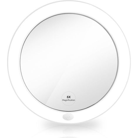 Miroir Cosmétique LED 6000K, Grossissant 5x, Ventouse Puissante, Loupe pour Miroir Mural Salle de Bain, Blanc (1/5)