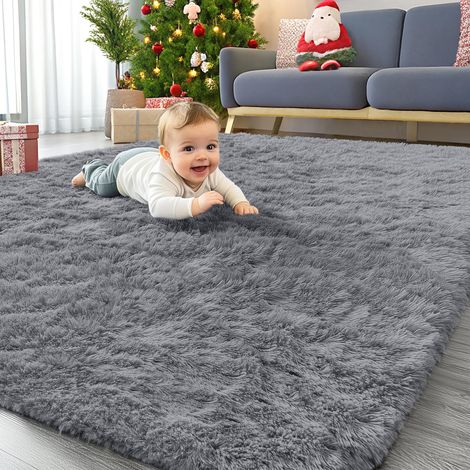 Tapis Moelleux à Poils Longs - Dessous antidérapant - Lavable - pour Le Salon, la Chambre d'enfant, la Chambre à Coucher - 120 x 160 cm, Gris (1/5)