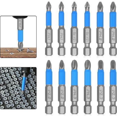 Lot de 12 embouts de tournevis magnétiques S2 en acier Embouts de tournevis à tige 1/4 Hexagonal 50 mm Tournevis magnétique PZ1-PZ3, PH1-PH3 pour tournevis électrique et perceuse (1/5)