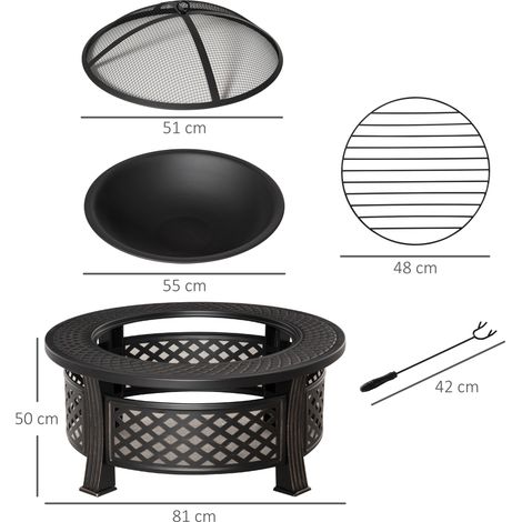 Feuerschale mit Schürhaken Funkenschutz Feuerkorb Feuertisch rund Feuerstelle für Garten Camping BBQ Stahl Schwarz 81 x 81 x 50 cm (1/5)