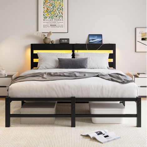 Cama moderna de metal y madera negra 140x190 cm con cabecero estante, 2 USB e iluminación LED RGB (1/5)