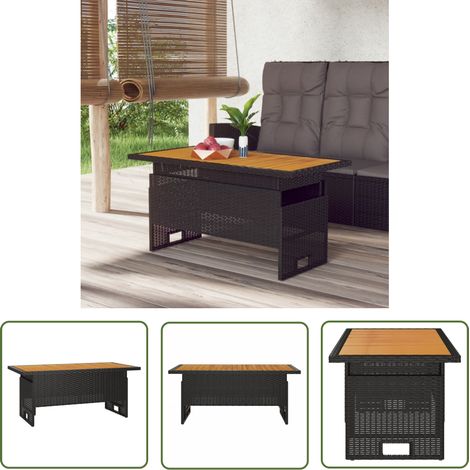 The Living Store Table de jardin noir 100x50x43/63 cm acacia et résine tressée - Table De Jardin - Table Extérieure - Table Patio - Table En Bois - Table Acacia (1/5)