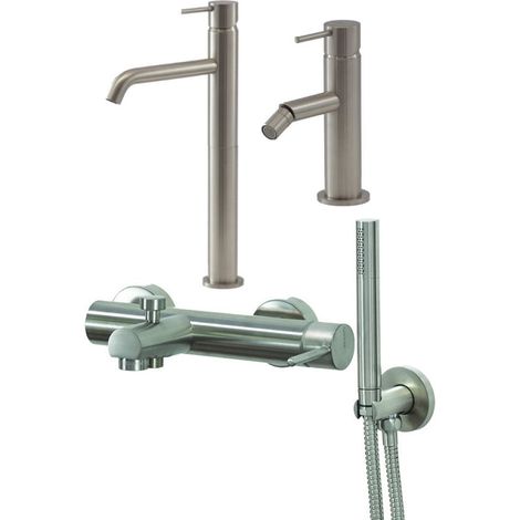 Set miscelatore lavabo alto, miscelatore bidet e kit vasca in colore acciaio spazzolato Gattoni Easy KITEASYNS8 (1/4)