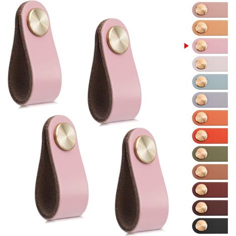 Lot de 4 poignées de meubles en cuir, poignées de porte et de tiroir, style vintage, pour armoires, commodes, cuisines, salles de bains (épingle) (1/5)