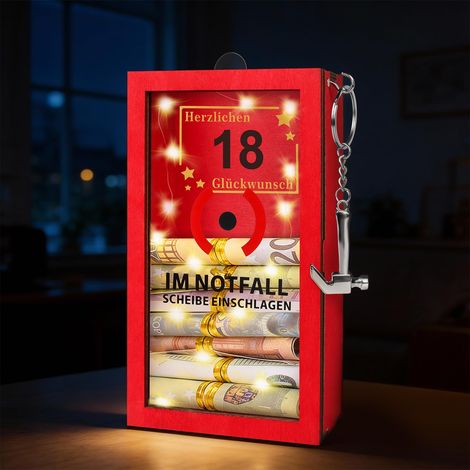 Cadeaux d'argent LED pour 18e anniversaire - 18e anniversaire garçon et fille - Cadeaux personnalisés - Boîte d'urgence amusante avec marteau, ficelle dorée et guirlande lumineuse (1/5)