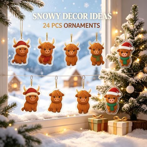 Calendrier de l'Avent 2026 sur le thème des vaches des Highlands écossaises, 24 décorations suspendues en acrylique 2D, adorables ornements d'animaux pour sapin de Noël, parfaits pour décorer les fête (1/5)