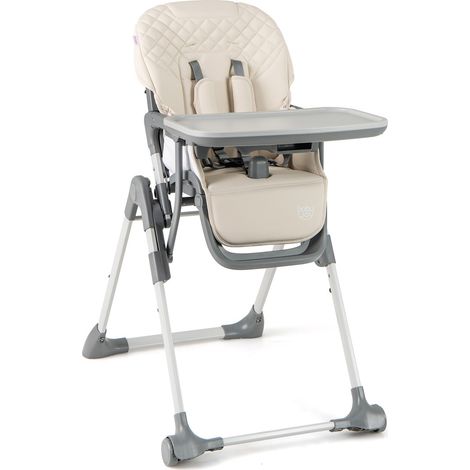 Chaise haute bébé beige pliable avec hauteur réglable, dossier inclinable, repose-pieds et tablette amovible pour repas (1/5)