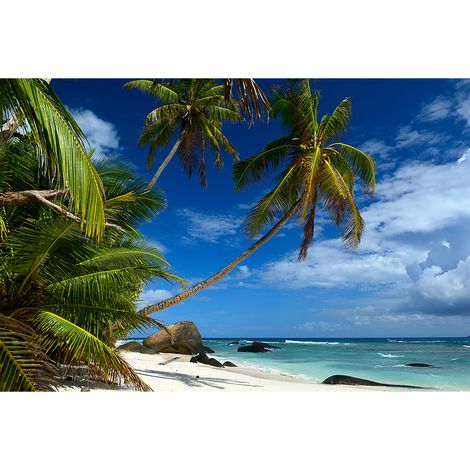 Papier peint panoramique bord de mer bleu Tapisserie panoramique plage Seychelles Papier peint panoramique nature palmiers (1/2)