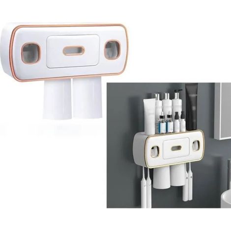 Porte-brosses à dents mural avec 2 distributeurs de dentifrice, ABS blanc, design inversé (1/4)