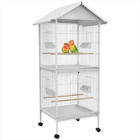 Cage pour oiseaux en métal blanc sur roulettes avec mangeoires (1/5)