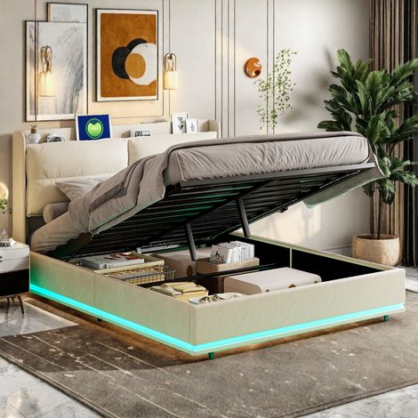 Lit coffre 160x200, cadre de lit flottant avec sommier à lattes, LED lit double pour adultes, beige velours lit rembourré (1/5)