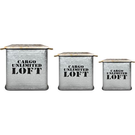 Set 3 Contenitori Grandi In Acciaio Cargo Unlimited Loft Pouf Sgabello Coperchio In Legno Vintage Sgabelli Militari Contenitore Metallo Naturali