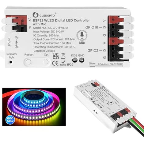 ESP32 WLED LED-Streifen-Controller mit Mikrofon, 5-24V, Musik-Dynamik-Modus, RGB-IC, DIY-Beleuchtung, App-Steuerung für LED-Streifen, kompatibel mit WS2811, WS2812, SK6812, TM1814, WS2813, WS2815 (015 (1/5)