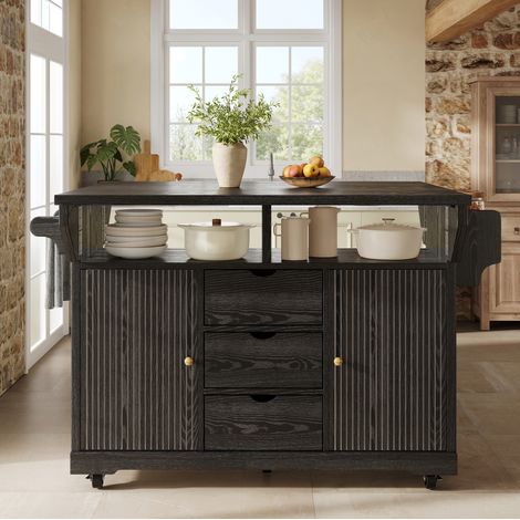 Mueble de cocina móvil con extensiones plegables, 95 cm de alto, negro, MDF y metal DESVIAE (1/5)