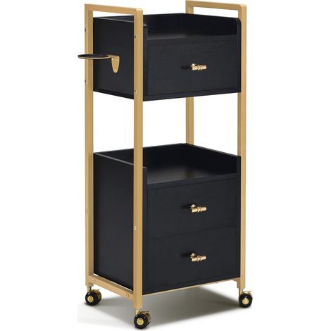 M MCombo Friseurwagen mit Rollen & 3 Schubladen, Rollwagen Servierwagen, Salon Trolley mit 2 Ablagen & Föhnhalter, Moderner Arbeitswagen für Bad Wohnzimmer, 30x40x95cm, 0022 (Schwarz-Gold) (1/5)