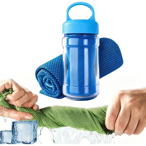 Towelnado Ice Towel Bottle, Towelnado Ice Cool Microfibre Towel for Neck, Serviette Rafraichissante, Serviette Refroidissante - Durable Polyester - Quick Dry Mesh - Soft to Touch 100x30 Cm (Blue) (1/5)