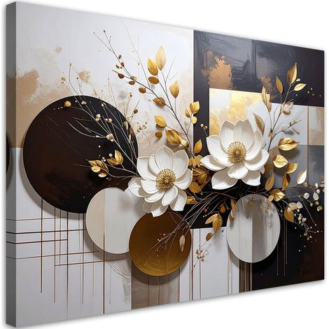 Tabelau sur Toile, Abstraction marron et beige cercles fleurs et feuilles,30x20 (1/4)