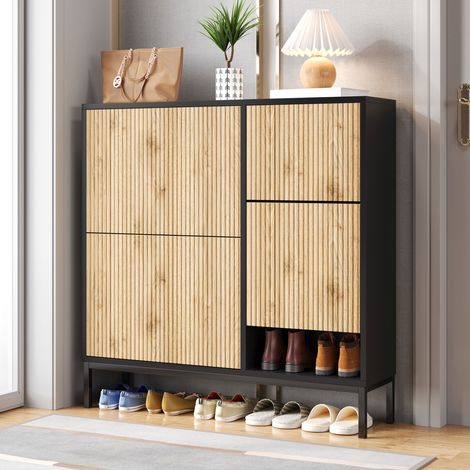 Meuble à chaussures 3 portes + tabouret pliable 3D naturel et noir (1/5)