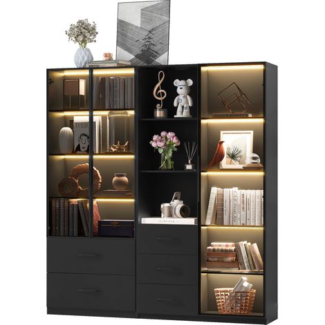 CHICFURN Vitrina con LED 140x40x160 cm librería y armario multifuncional negro con puertas de vidrio, estantes abiertos, 5 cajones y cierre suave (1/5)