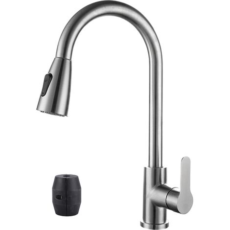 Robinet de cuisine en acier inoxydable avec douchette extractible, double sortie d'eau, poignée unique, robinet extractible à ressort pour évier, idéal pour la buanderie et la salle de bain. (1/5)