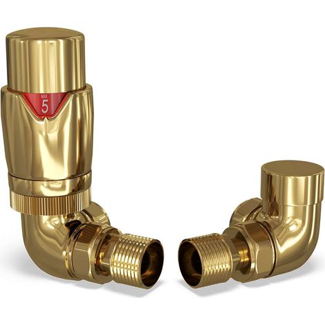 Stirling Bold - Polished Brass Thermostatic Radiator Valve & Lockshield Corner 15mm